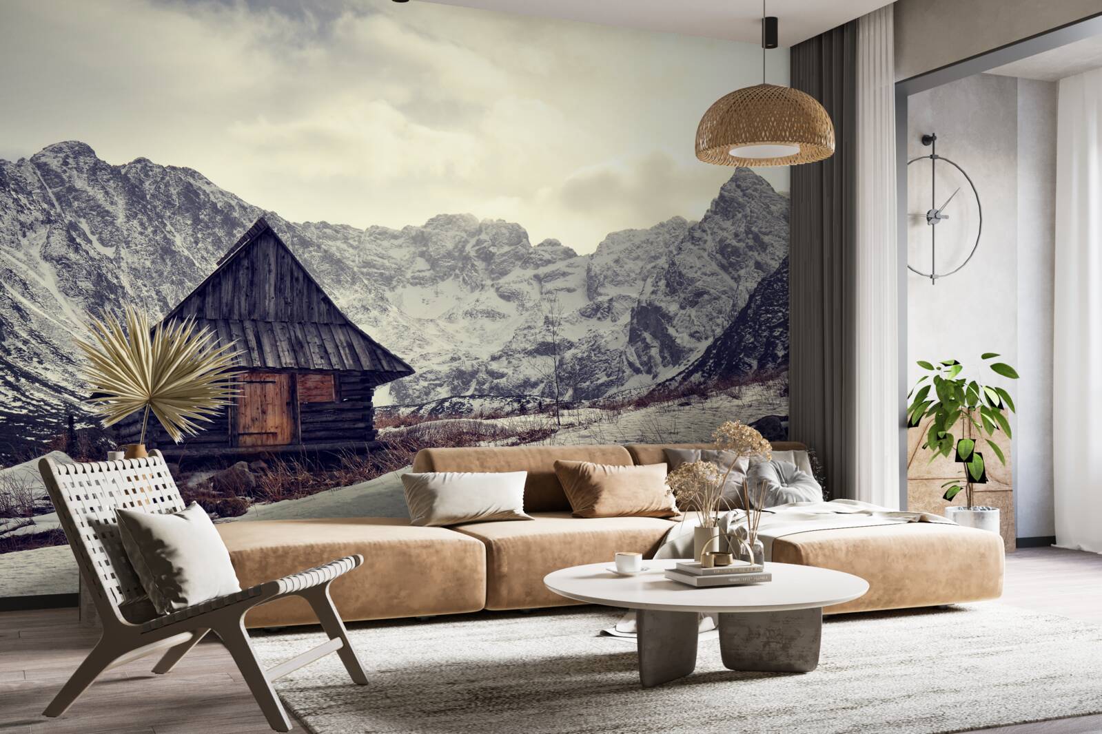 Fototapet casă confortabilă în mijlocul munților înghețați