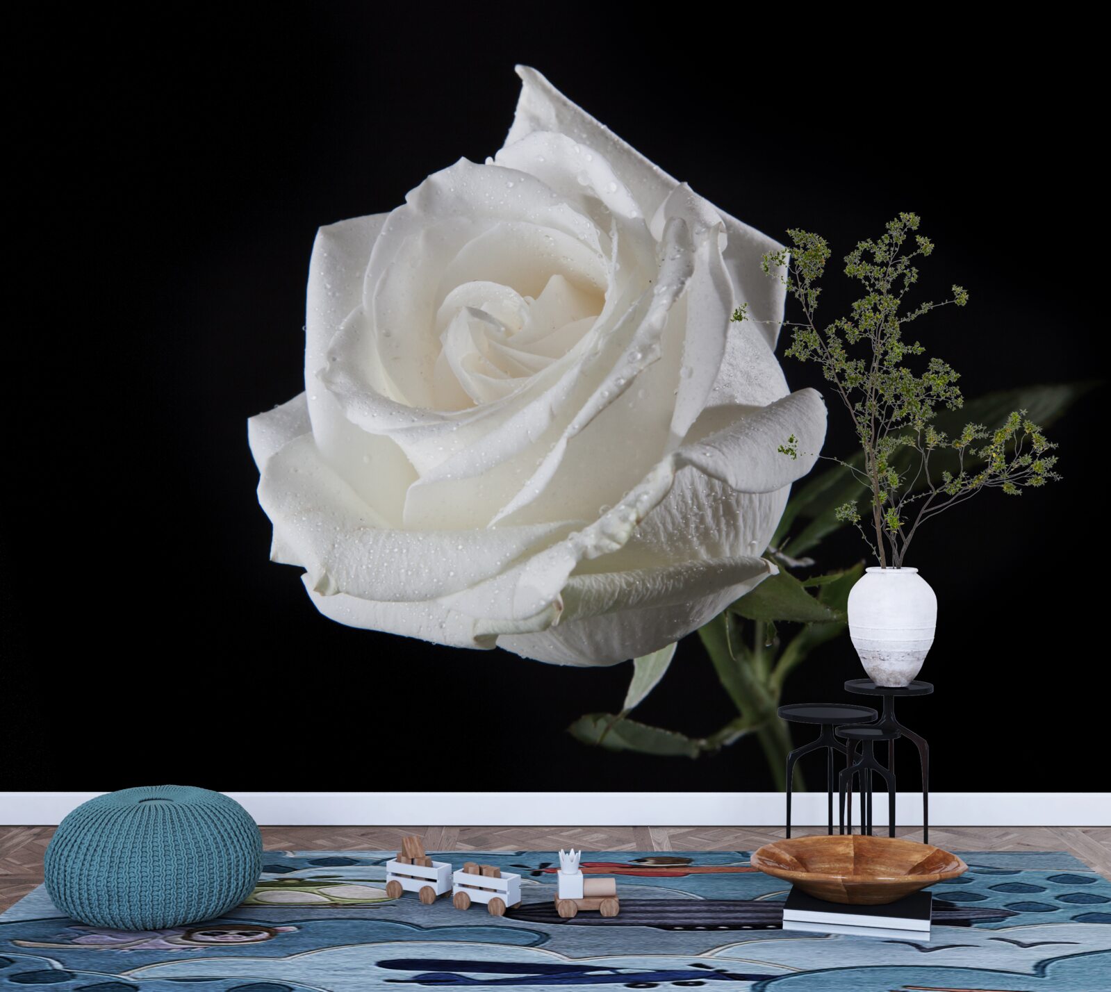 Fototapet fundalul negru evidențiază albul trandafirului