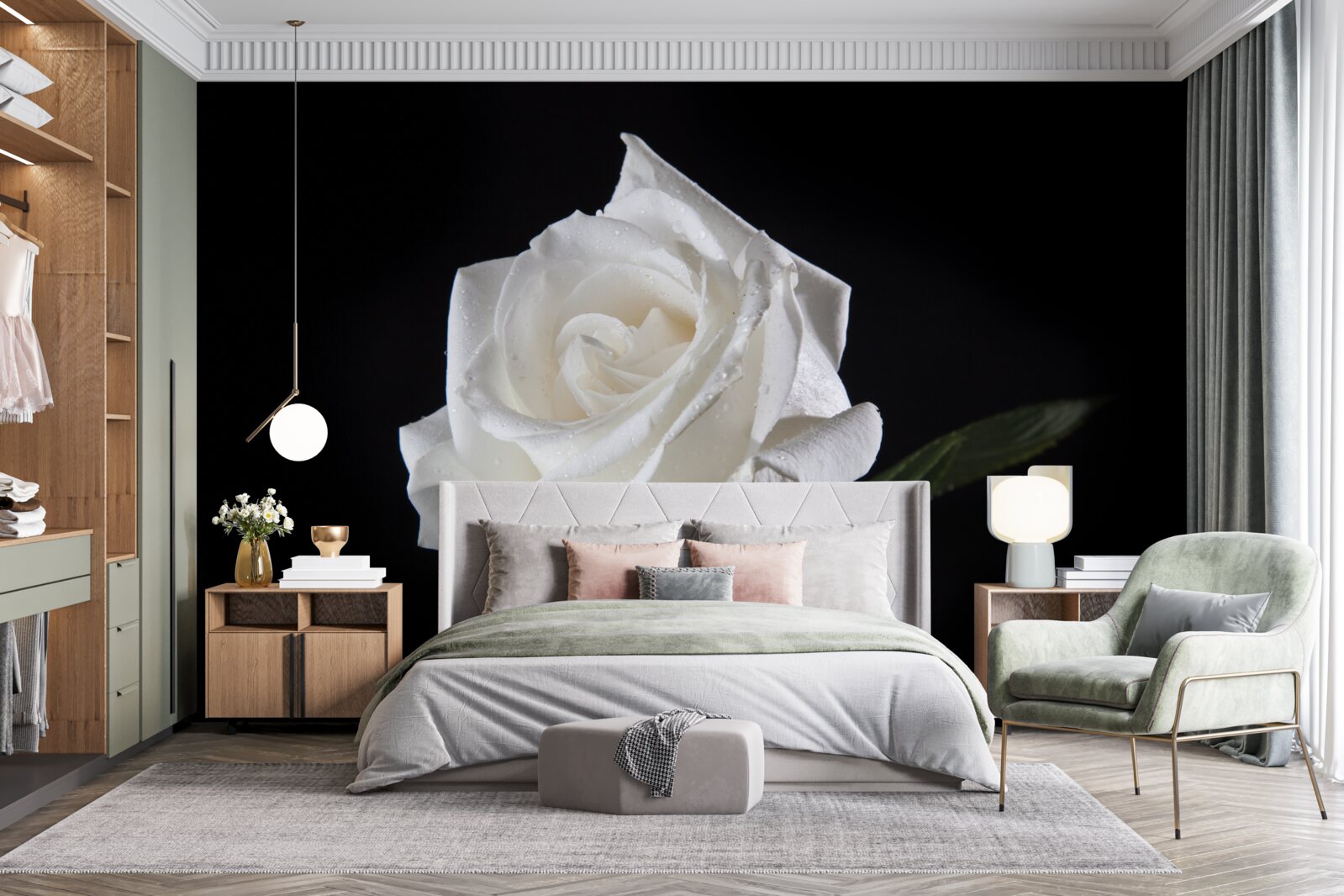 Fototapet fundalul negru evidențiază albul trandafirului