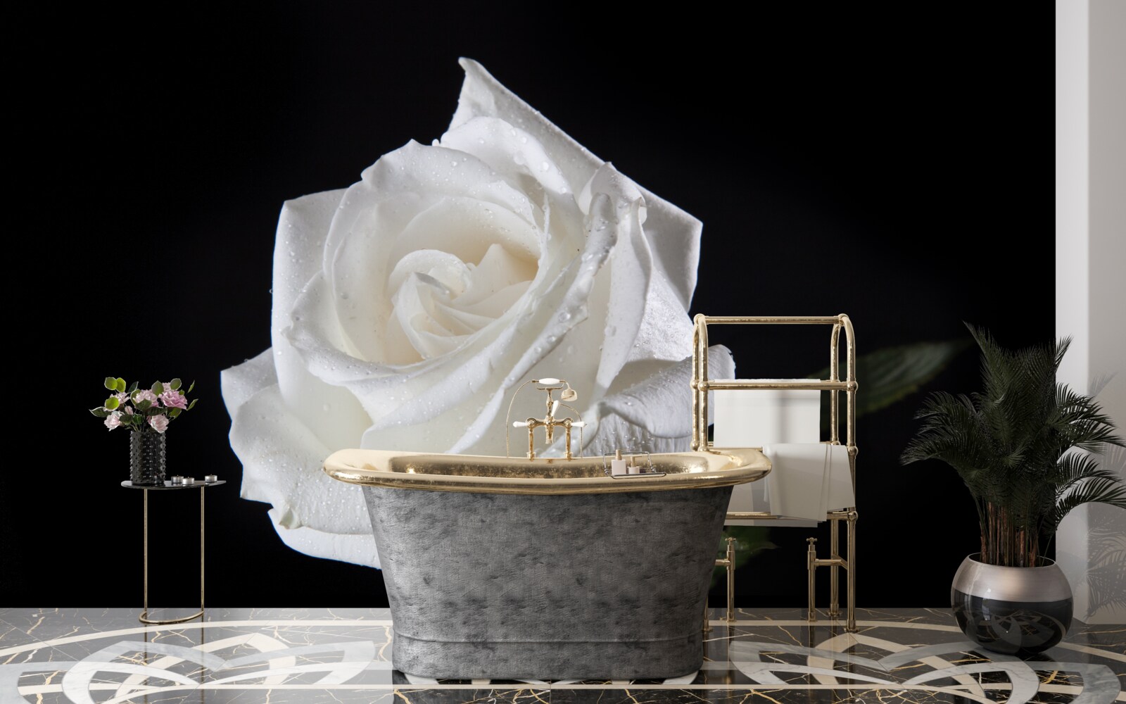 Fototapet fundalul negru evidențiază albul trandafirului