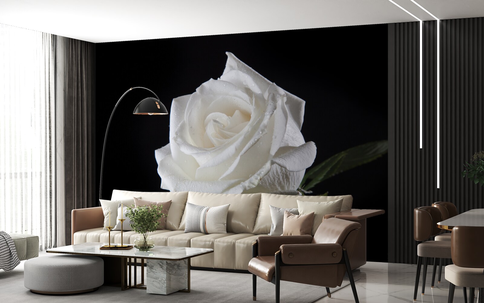 Fototapet fundalul negru evidențiază albul trandafirului