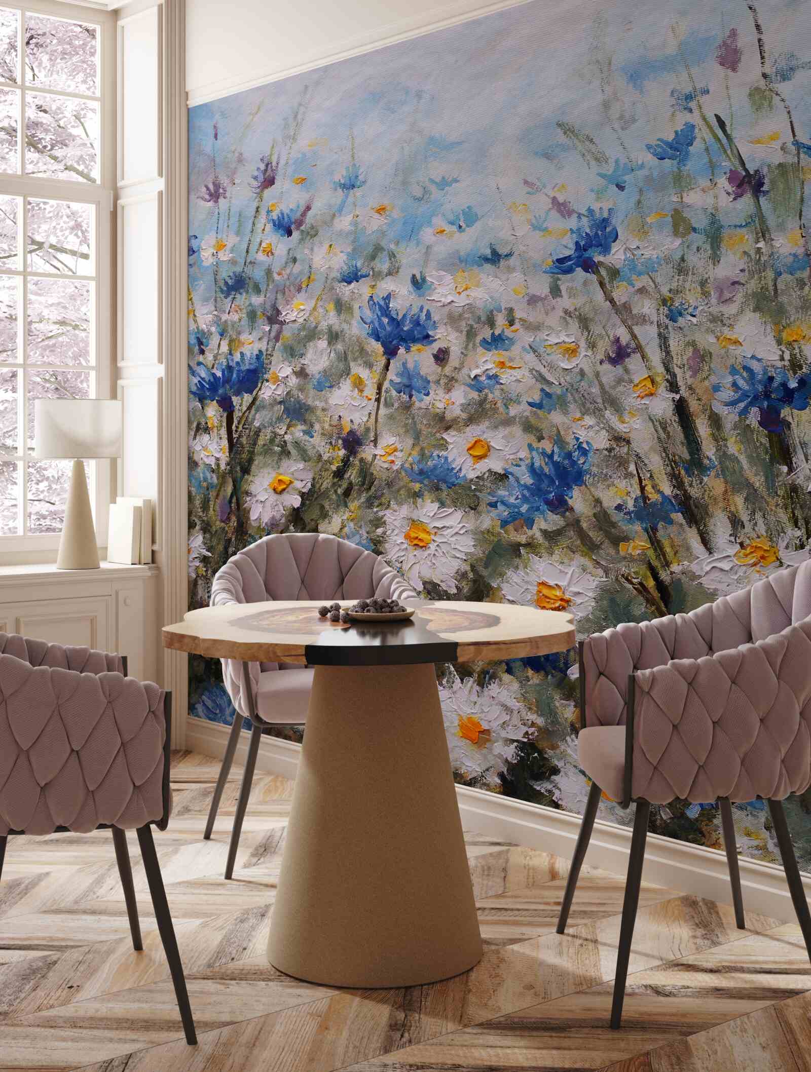 Fototapet margarete de pășunat și muguri albaștri