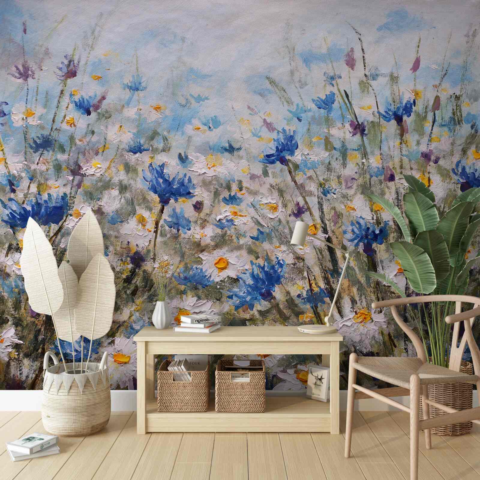 Fototapet margarete de pășunat și muguri albaștri