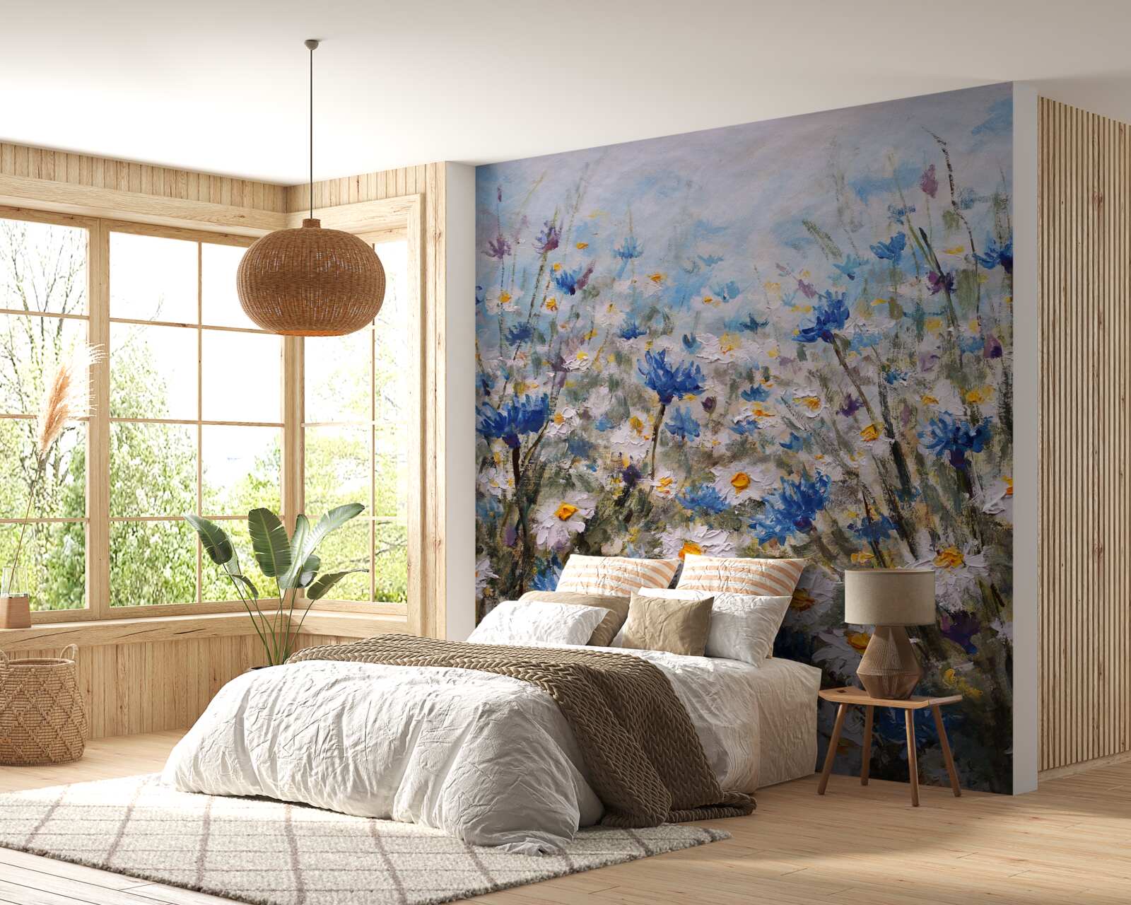 Fototapet margarete de pășunat și muguri albaștri