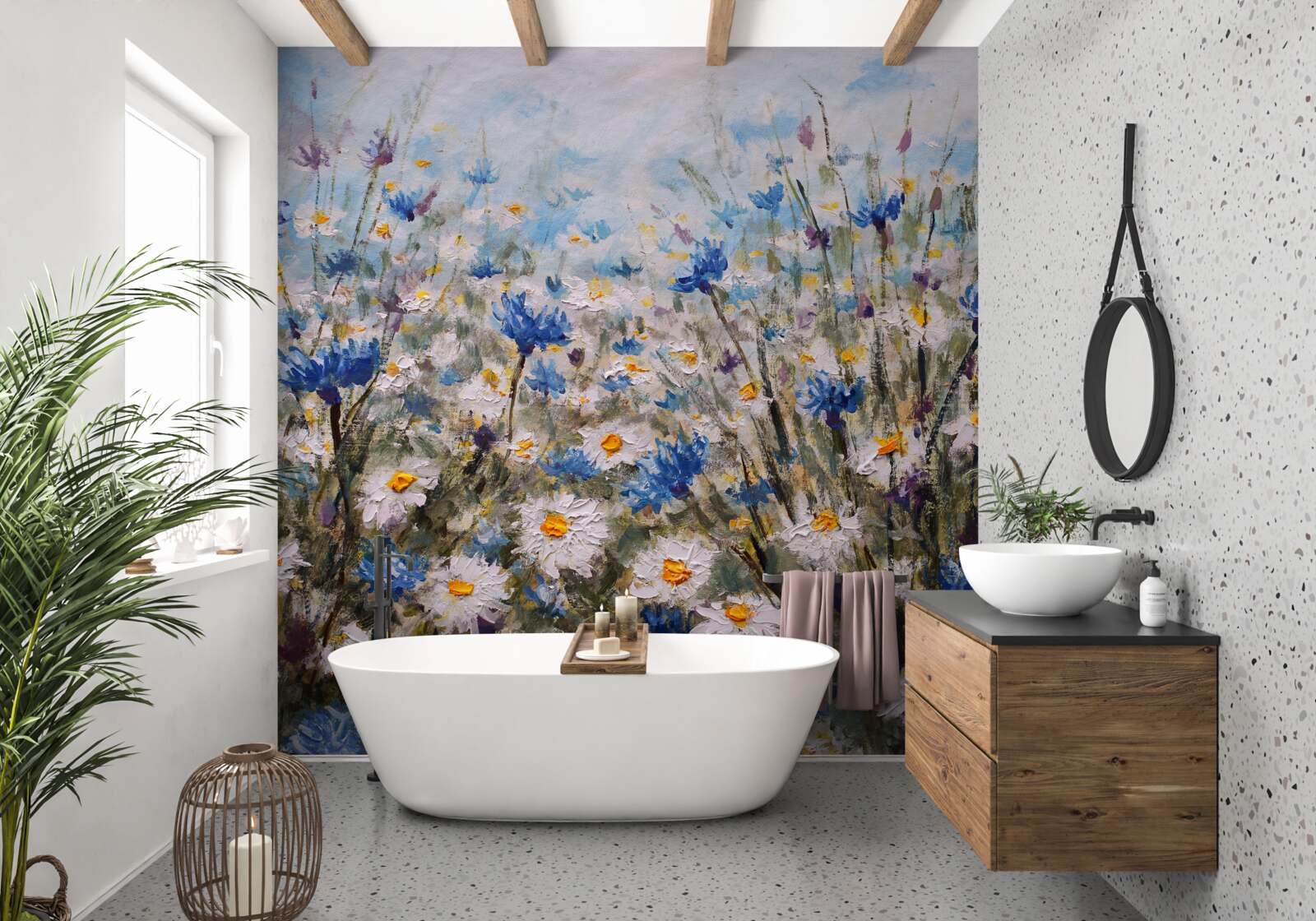 Fototapet margarete de pășunat și muguri albaștri