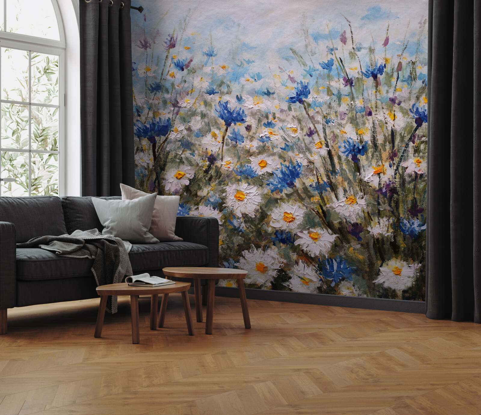 Fototapet margarete de pășunat și muguri albaștri