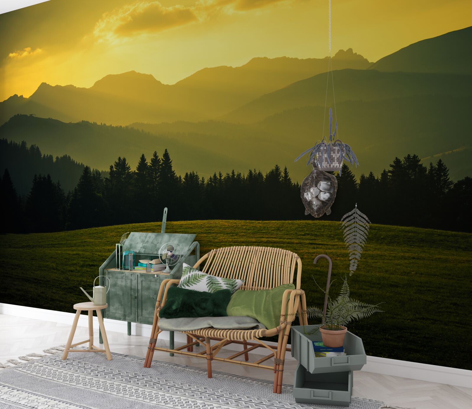 Fototapet uimitor apus de soare galben într-o pădure afumată de munte