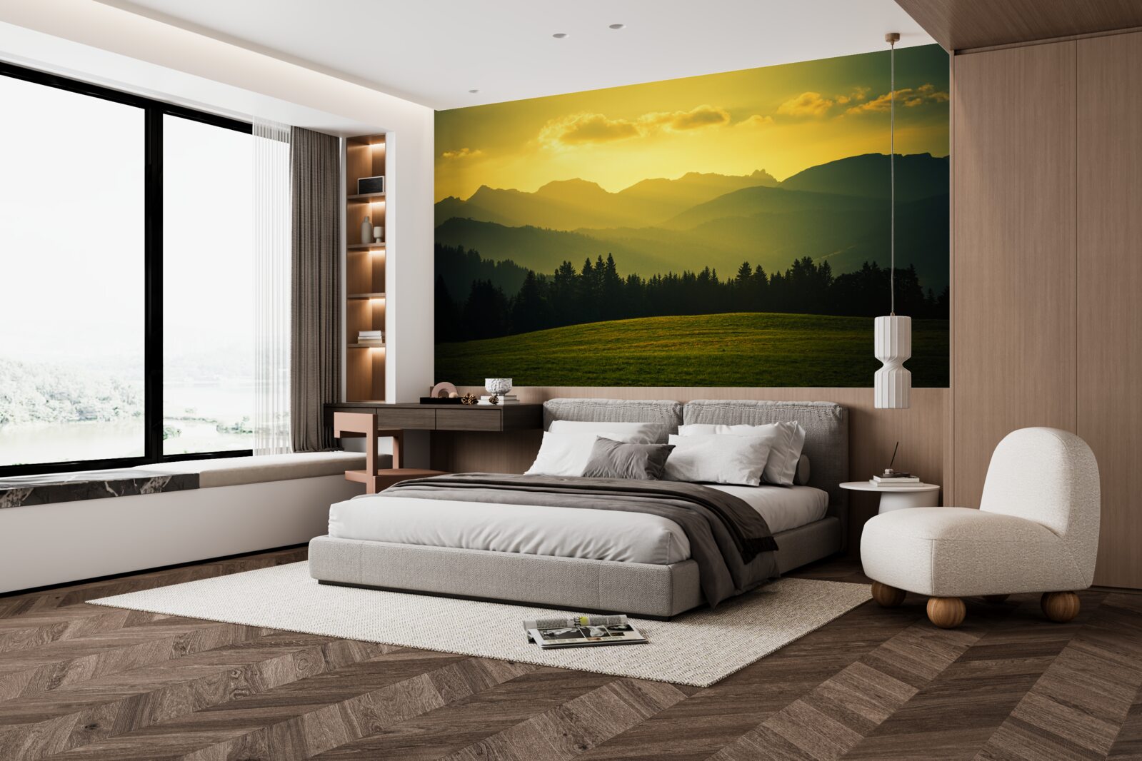 Fototapet uimitor apus de soare galben într-o pădure afumată de munte