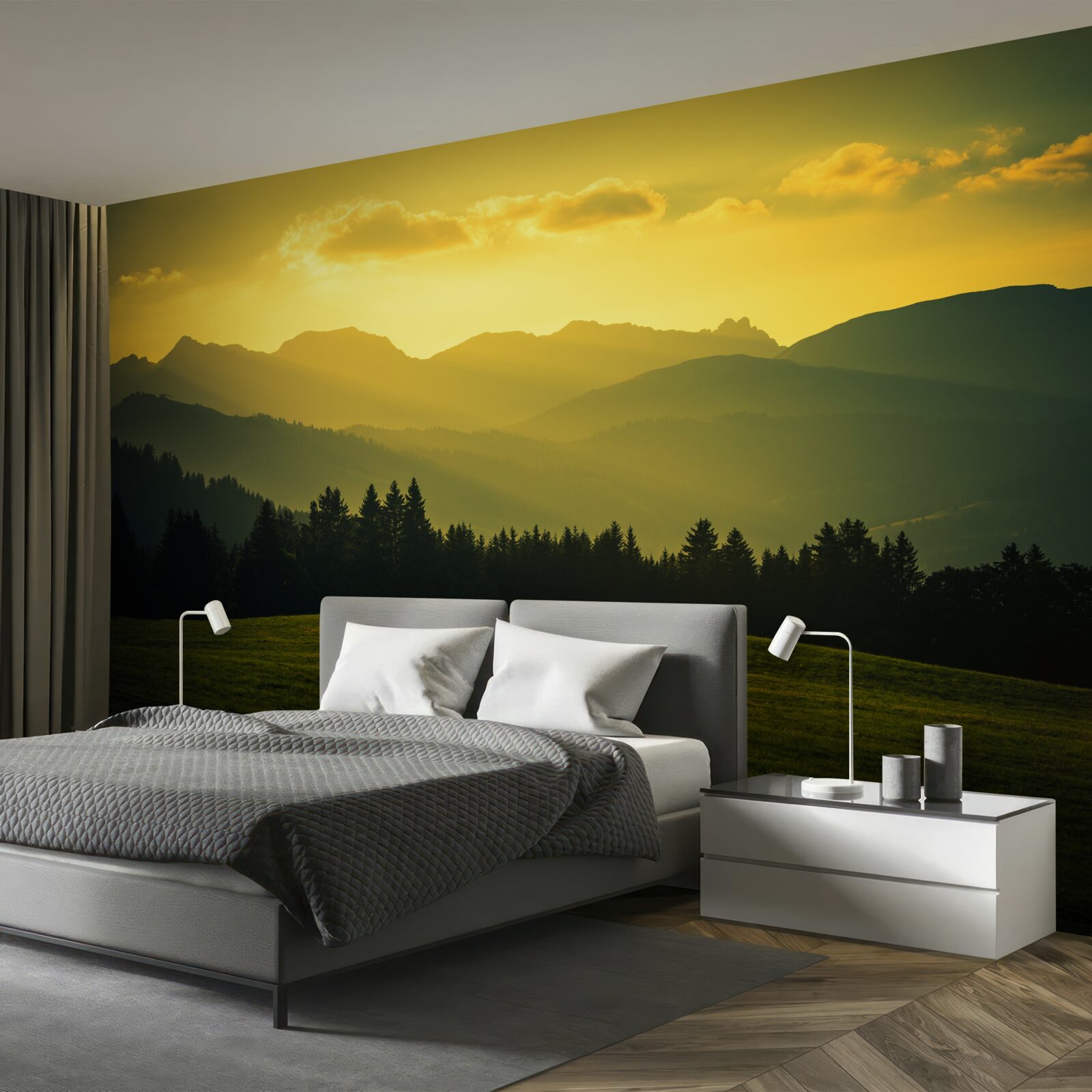 Fototapet uimitor apus de soare galben într-o pădure afumată de munte