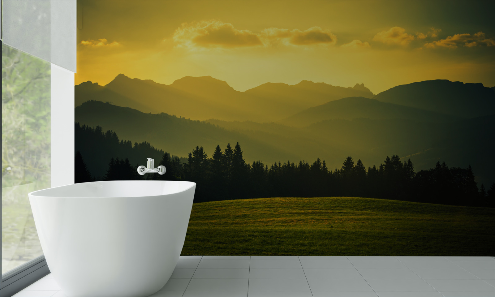 Fototapet uimitor apus de soare galben într-o pădure afumată de munte