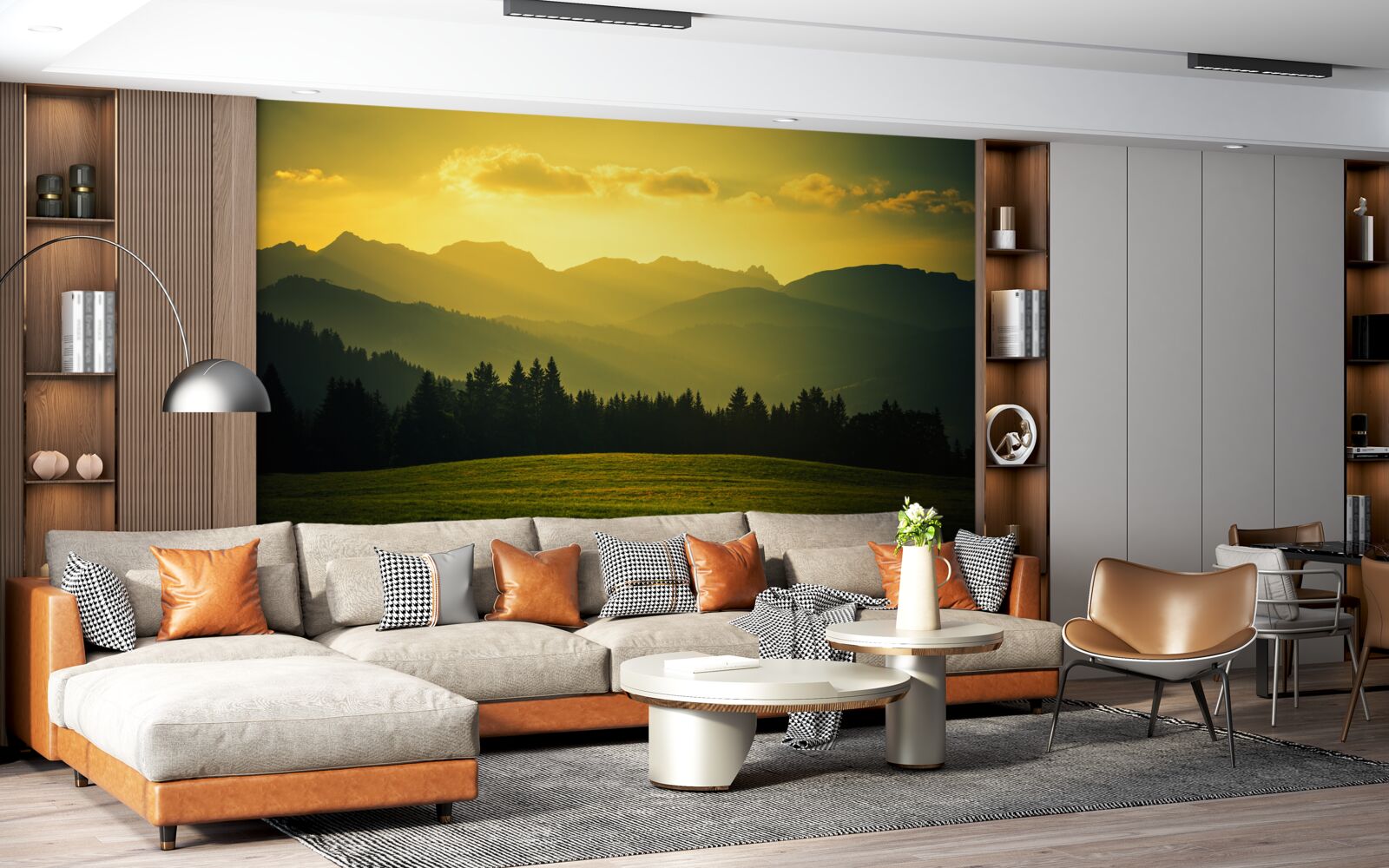 Fototapet uimitor apus de soare galben într-o pădure afumată de munte