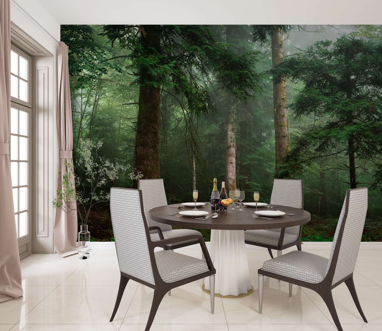 Fototapet vechea pădure de conifere este învăluită într-o ceață densă