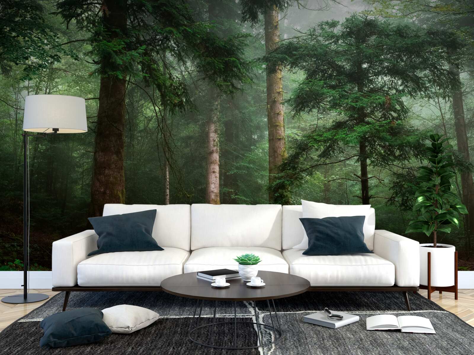 Fototapet vechea pădure de conifere este învăluită într-o ceață densă