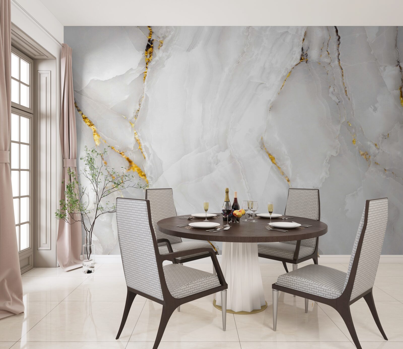 Fototapet marmură în nuanțe de gri și alb cu elemente aurii