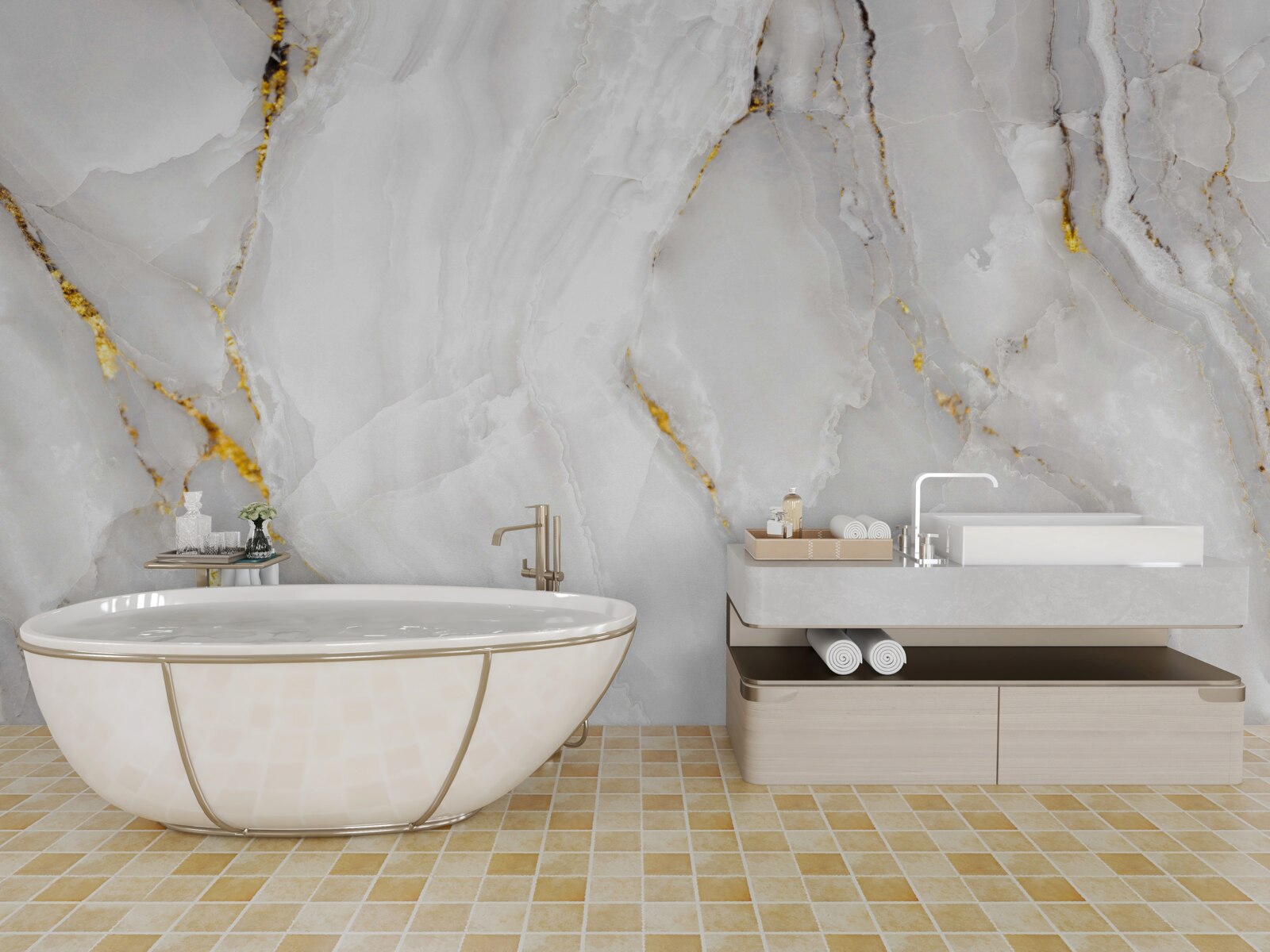 Fototapet marmură în nuanțe de gri și alb cu elemente aurii