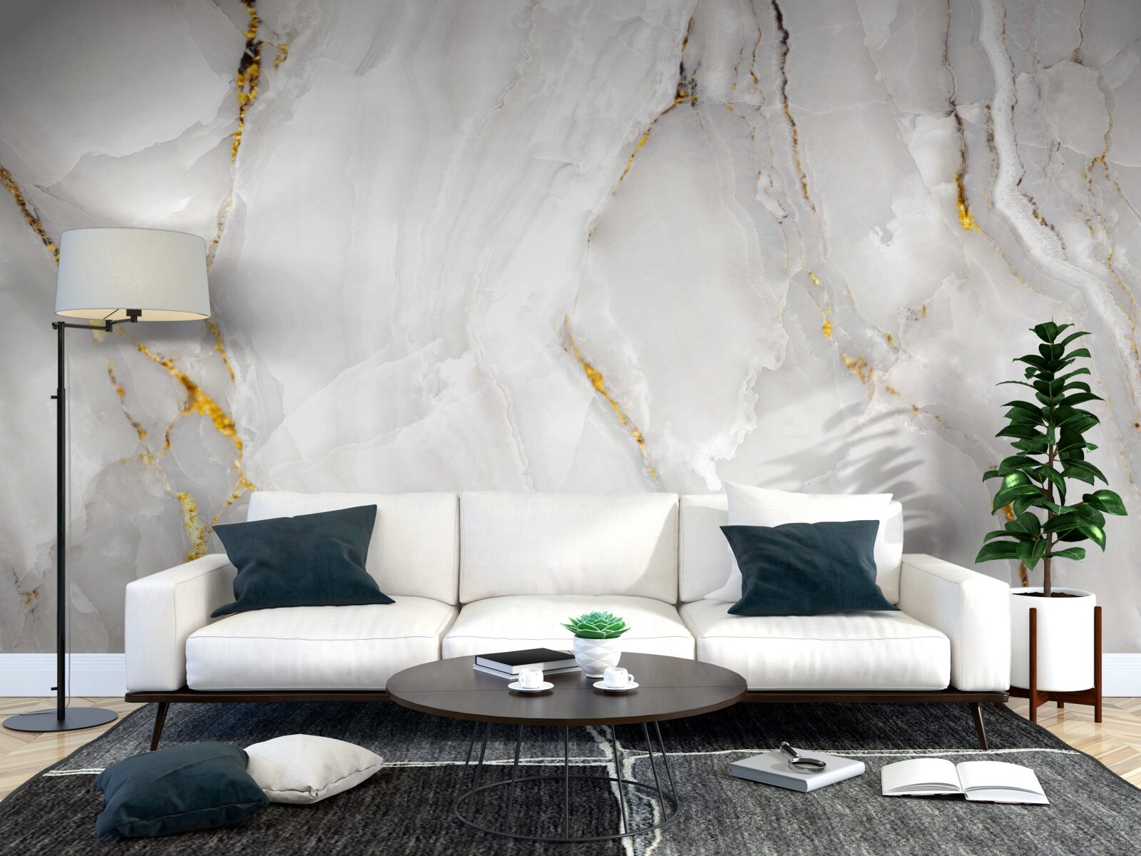 Fototapet marmură în nuanțe de gri și alb cu elemente aurii