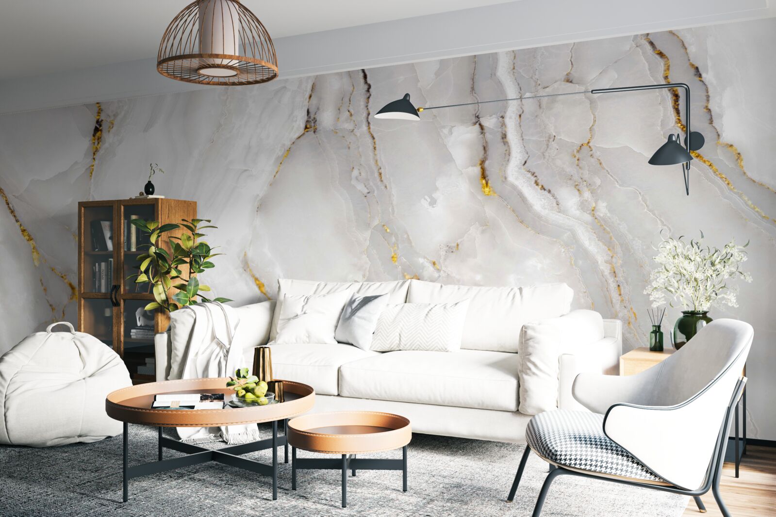 Fototapet marmură în nuanțe de gri și alb cu elemente aurii