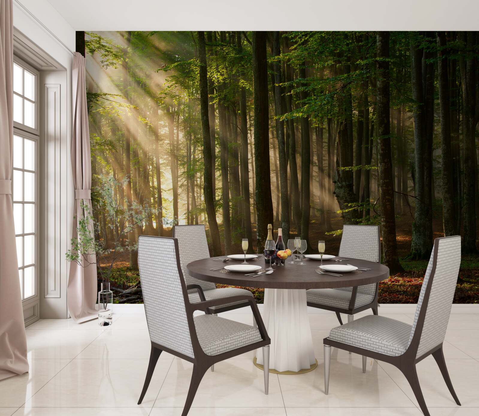 Fototapet Soarele alungă răceala din pădure după o noapte petrecută afară