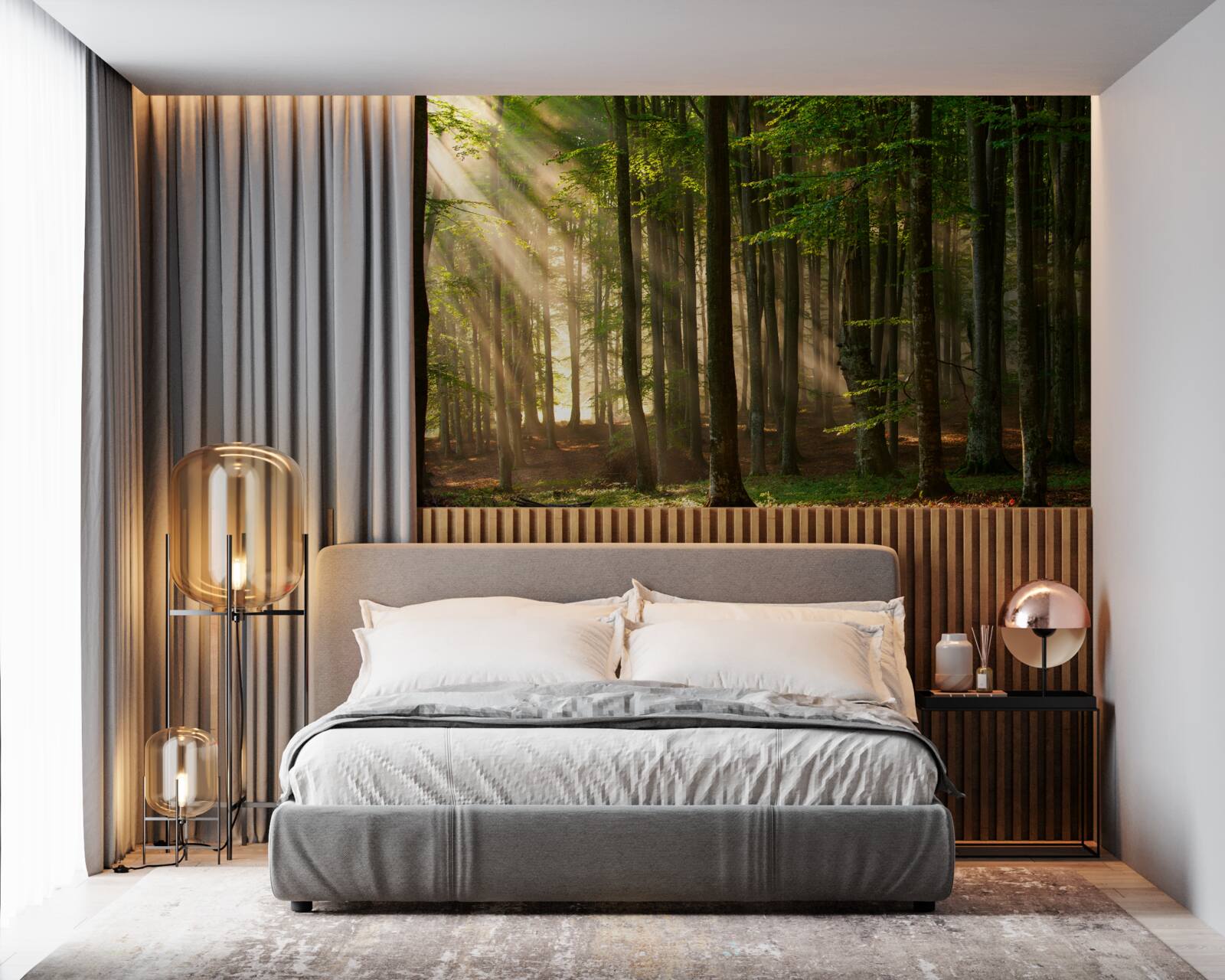 Fototapet Soarele alungă răceala din pădure după o noapte petrecută afară