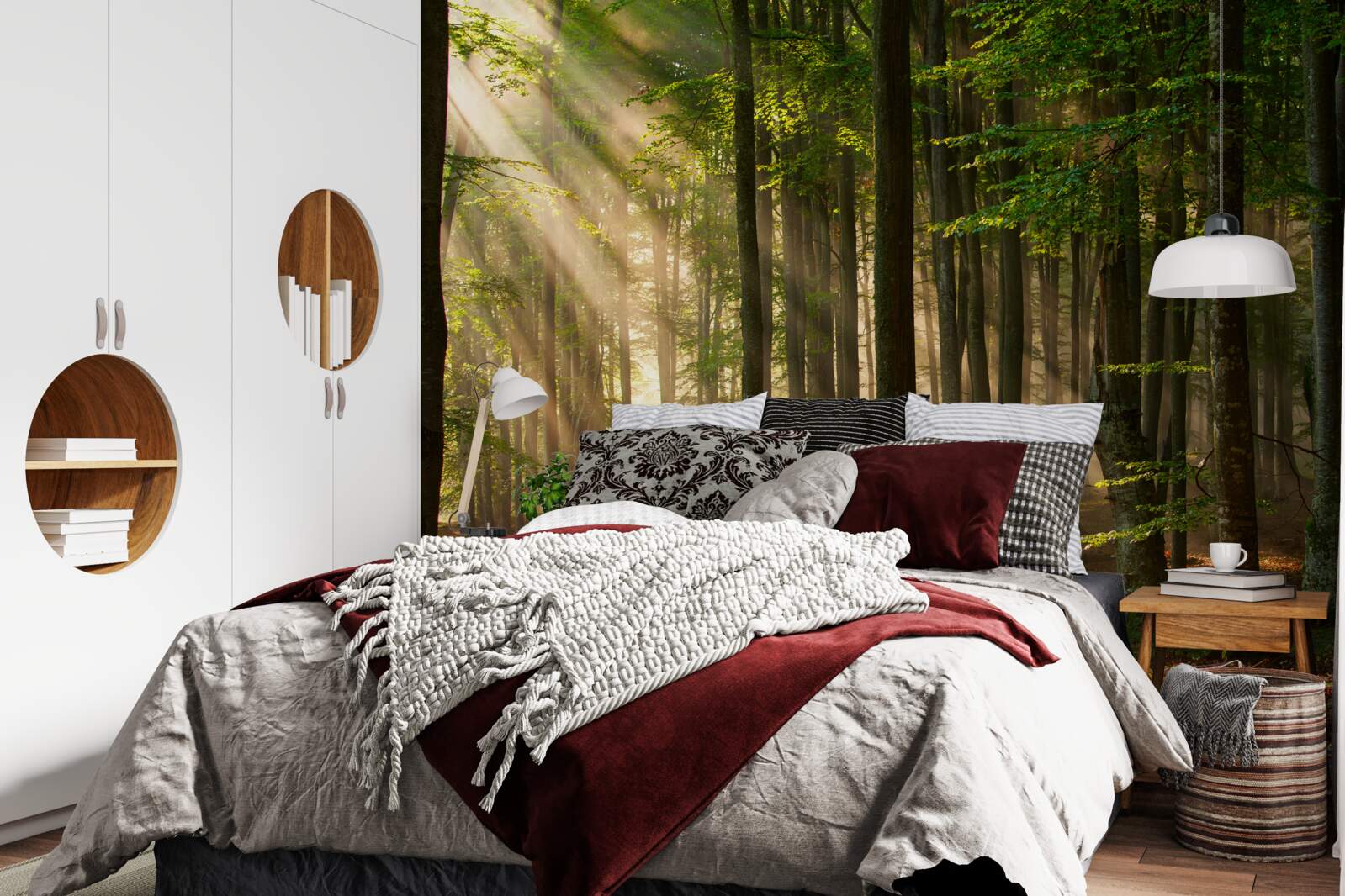 Fototapet Soarele alungă răceala din pădure după o noapte petrecută afară