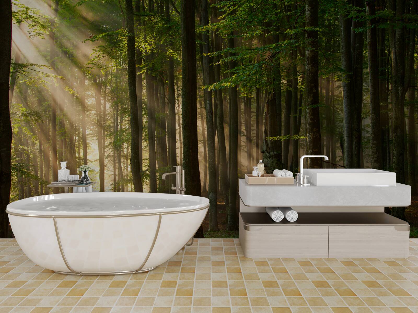 Fototapet Soarele alungă răceala din pădure după o noapte petrecută afară