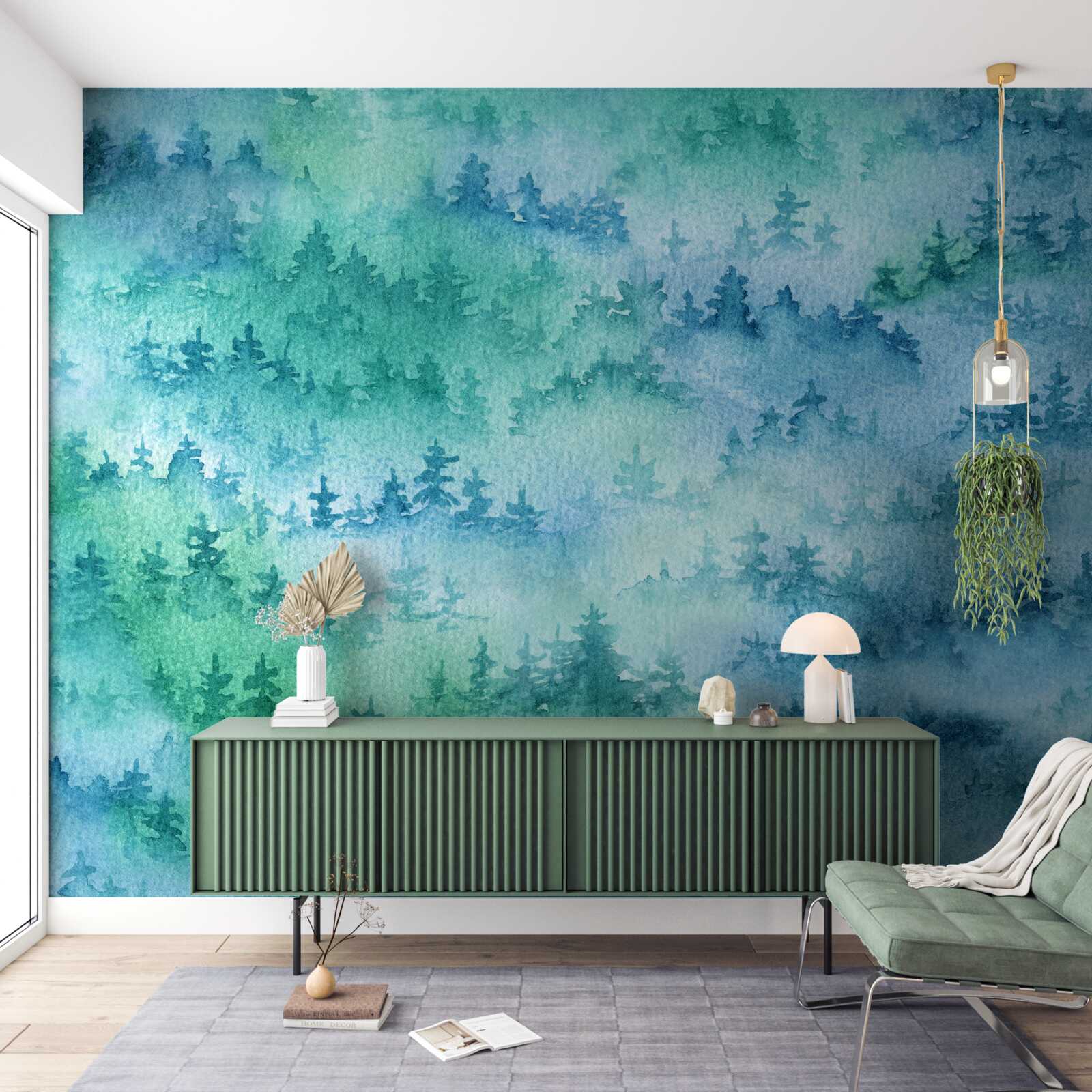 Fototapet pădurea de conifere este învăluită într-o ceață densă