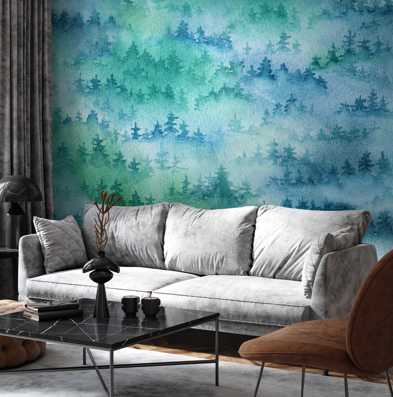 Fototapet pădurea de conifere este învăluită într-o ceață densă