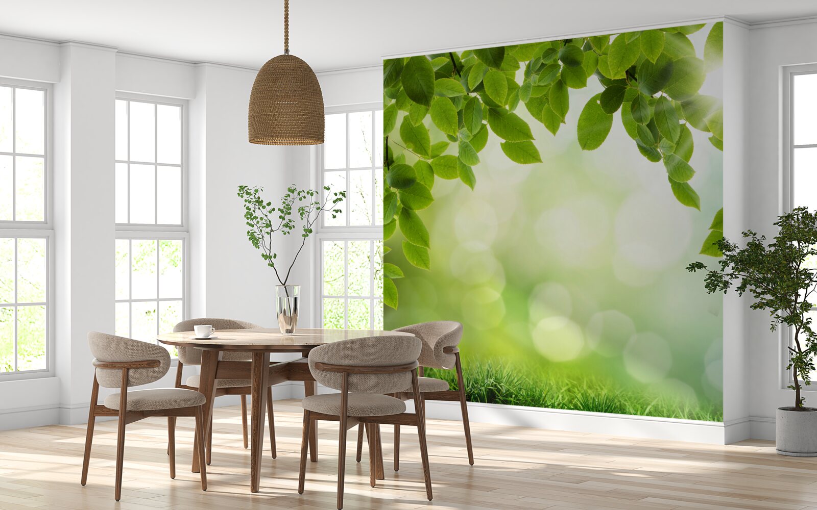 Fototapet soarele în strălucirea sa și frunzele decorate cu picături verzi