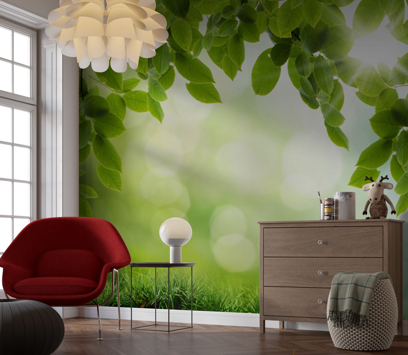 Fototapet soarele în strălucirea sa și frunzele decorate cu picături verzi