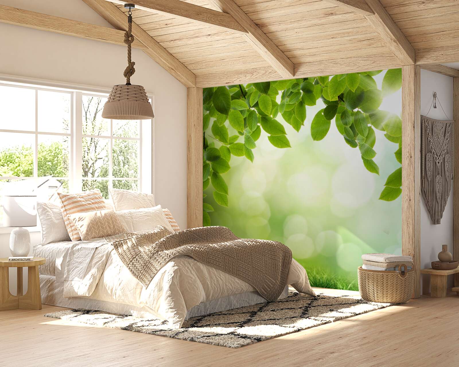 Fototapet soarele în strălucirea sa și frunzele decorate cu picături verzi