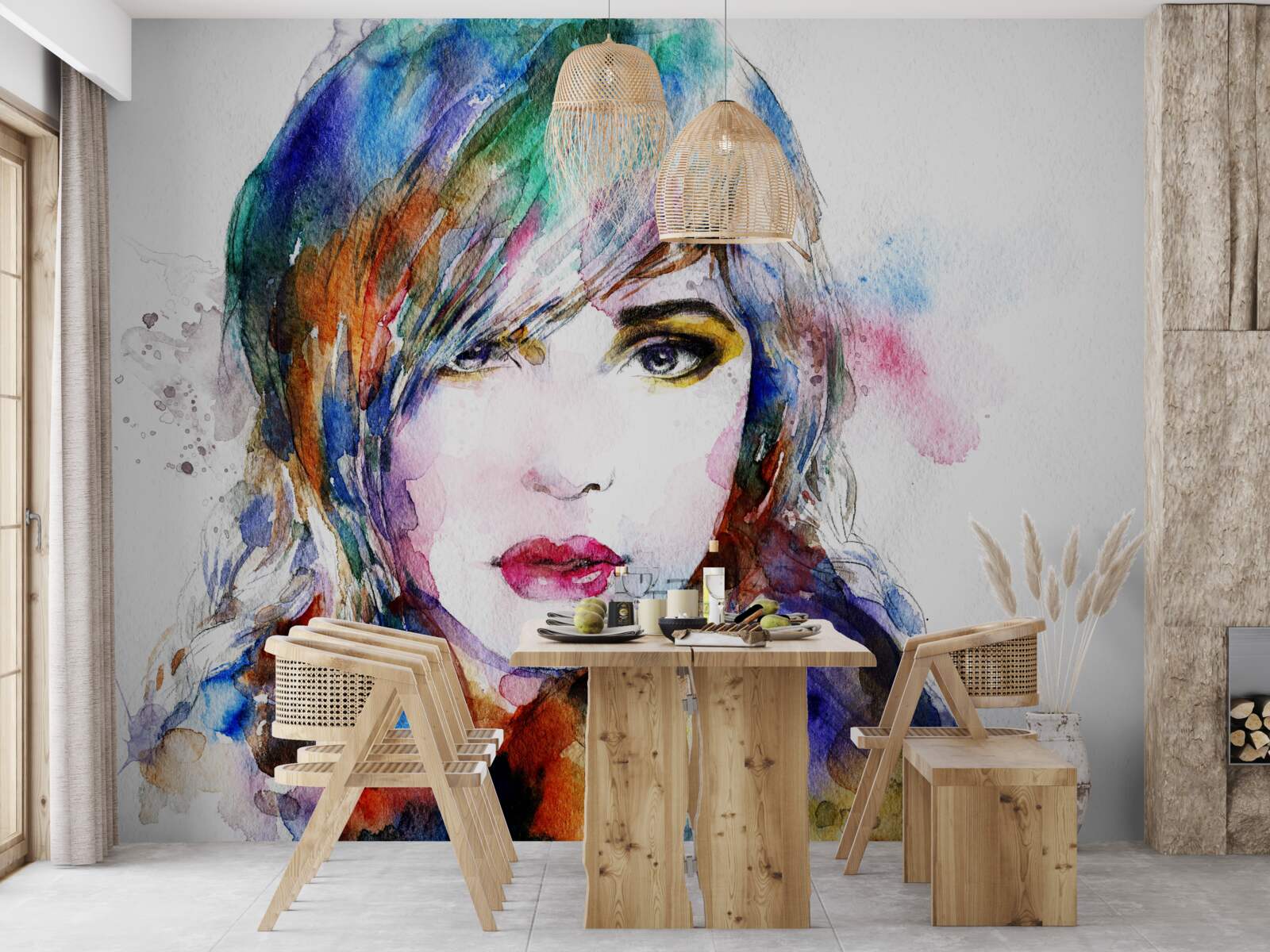 Fototapet imagine a unei fete realizată în acuarele luminoase