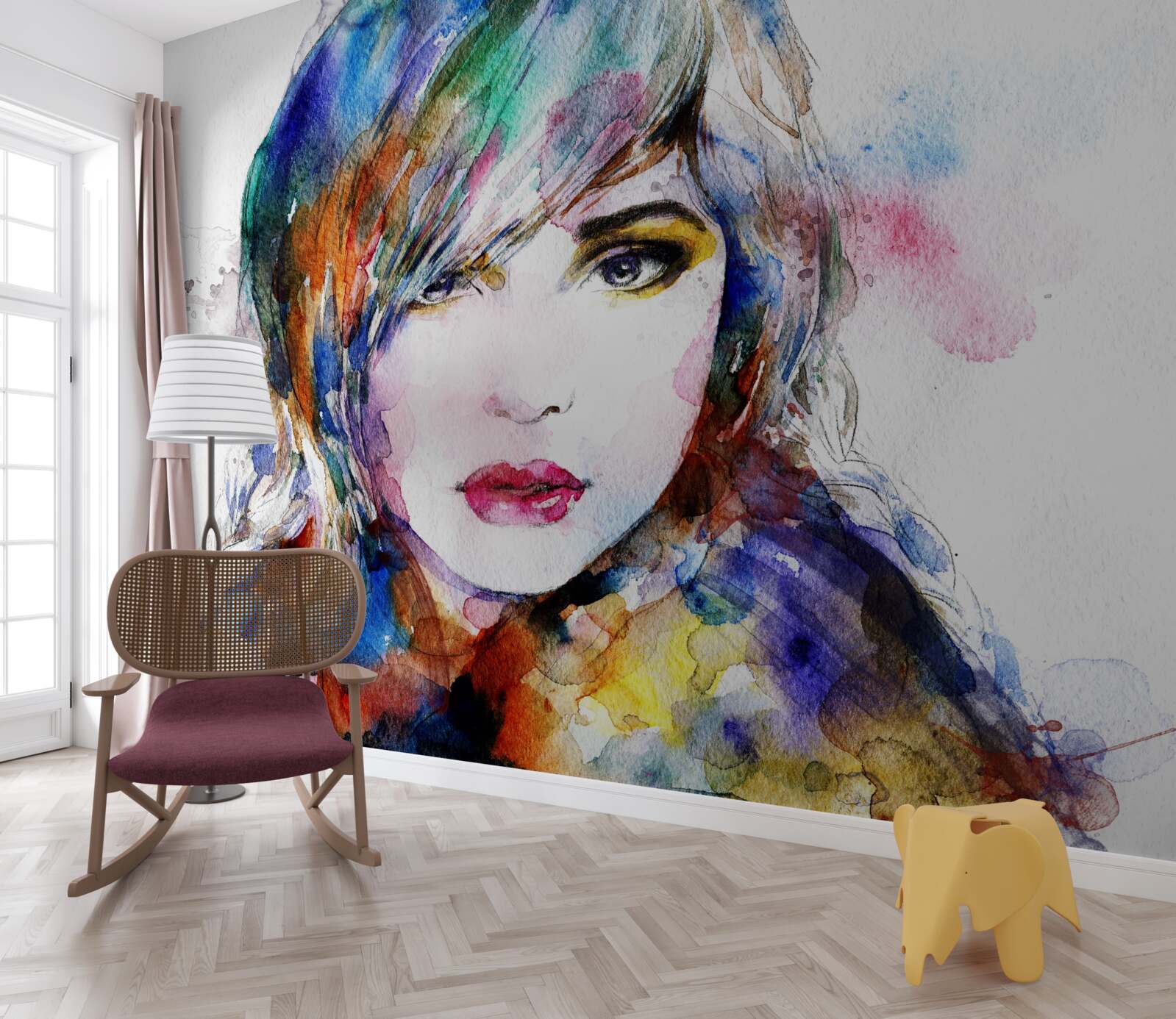 Fototapet imagine a unei fete realizată în acuarele luminoase