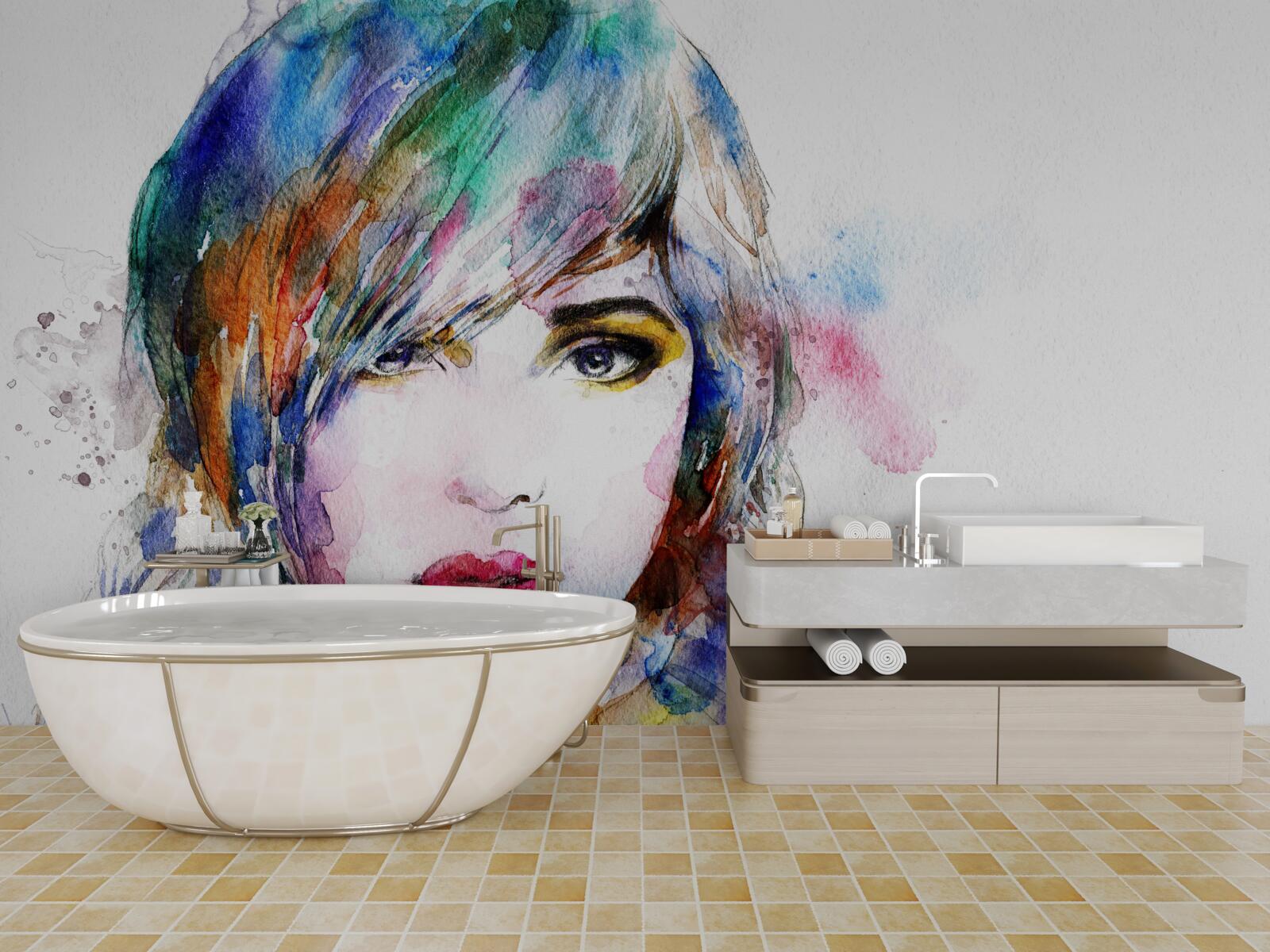 Fototapet imagine a unei fete realizată în acuarele luminoase