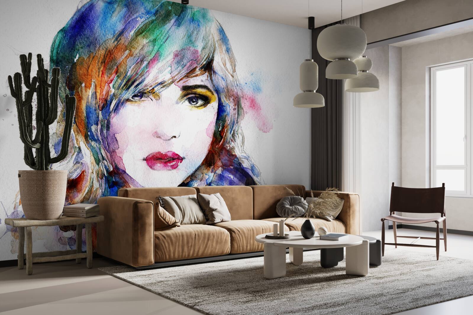 Fototapet imagine a unei fete realizată în acuarele luminoase