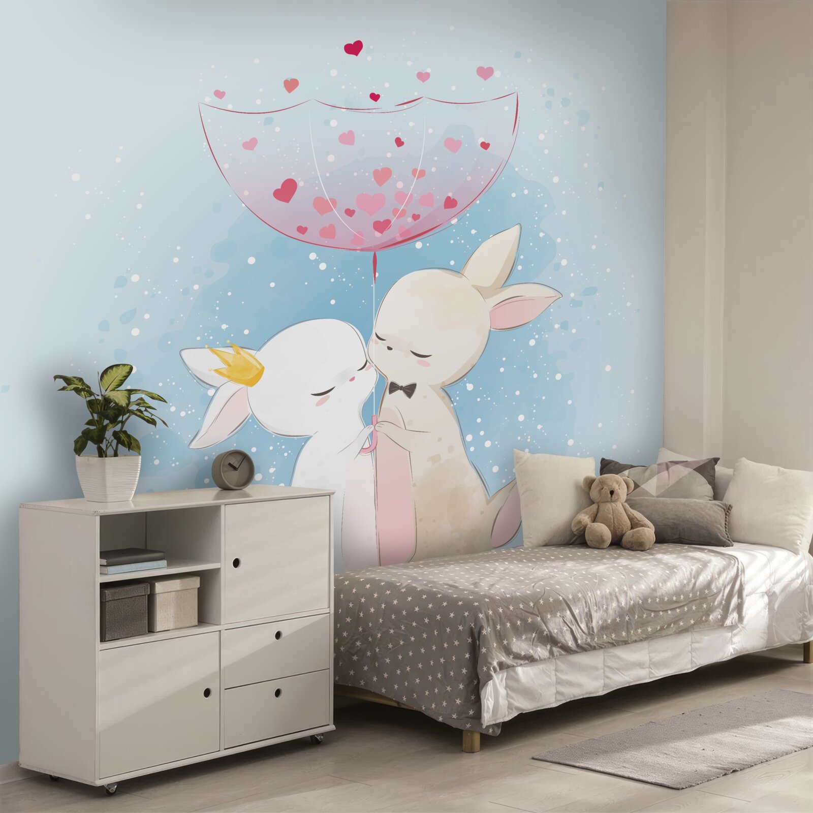 Fototapet iepurași îndrăgostiți sub o umbrelă