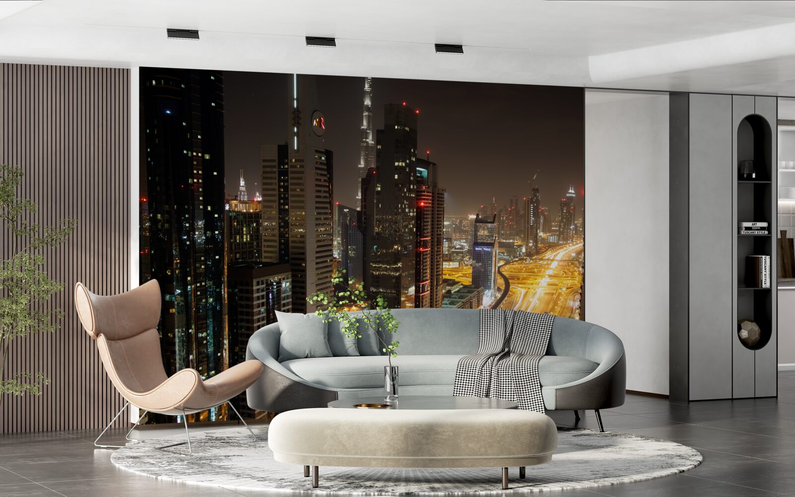 Fototapet bulevardul de noapte este înconjurat de clădiri rezidențiale cu mai multe etaje