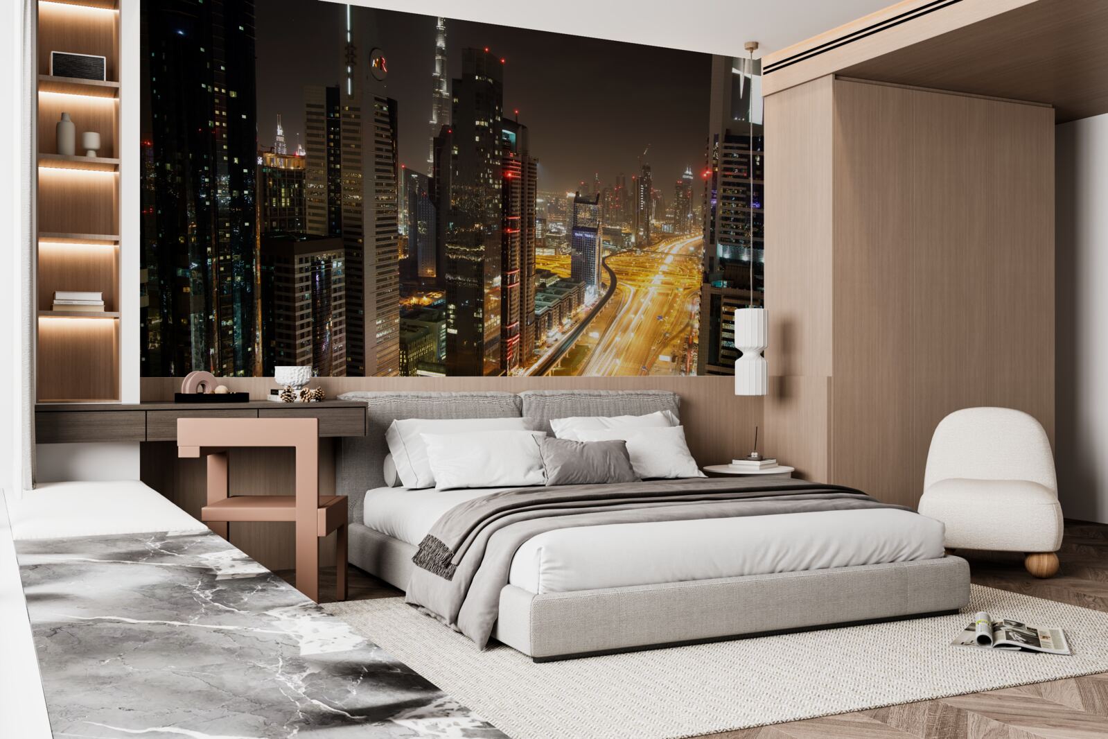 Fototapet bulevardul de noapte este înconjurat de clădiri rezidențiale cu mai multe etaje