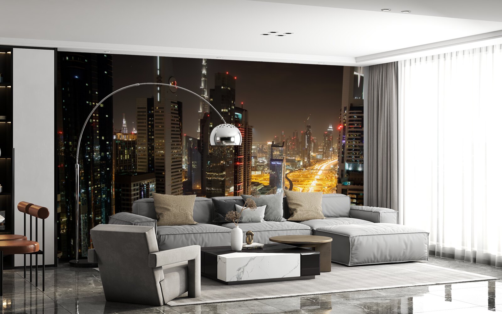 Fototapet bulevardul de noapte este înconjurat de clădiri rezidențiale cu mai multe etaje