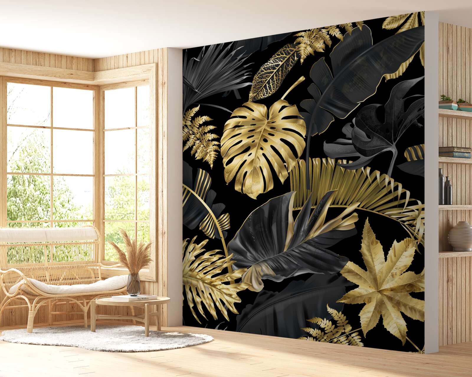 Fototapet frunze tropicale în negru și auriu