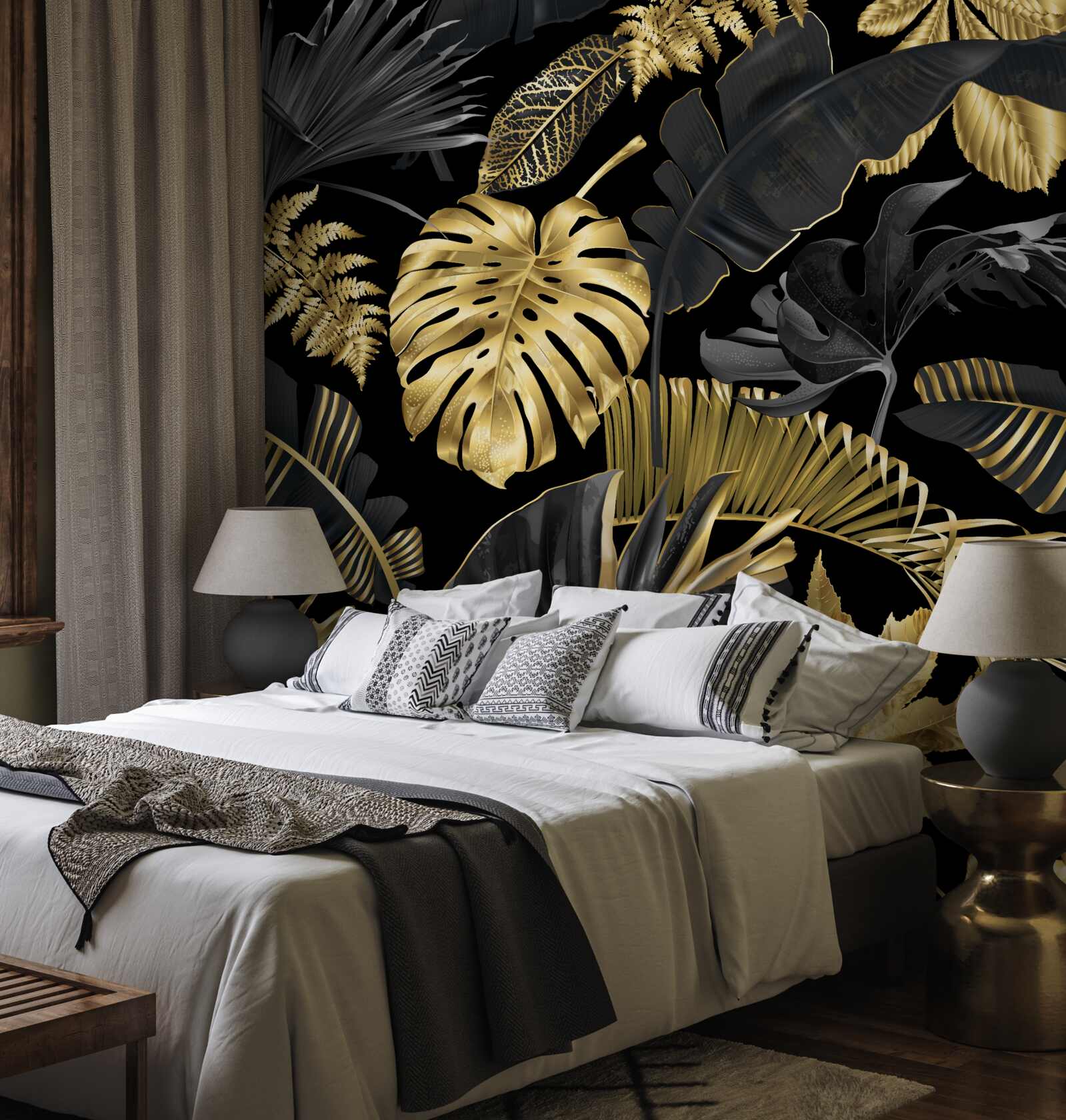 Fototapet frunze tropicale în negru și auriu