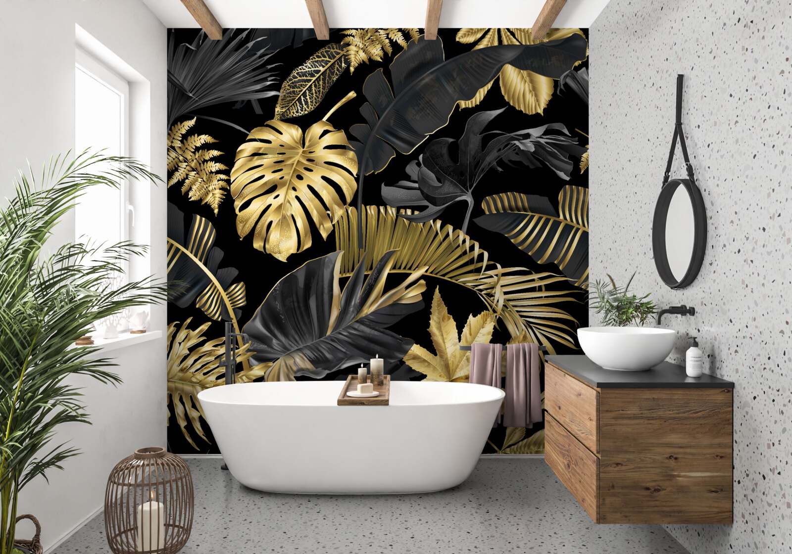 Fototapet frunze tropicale în negru și auriu