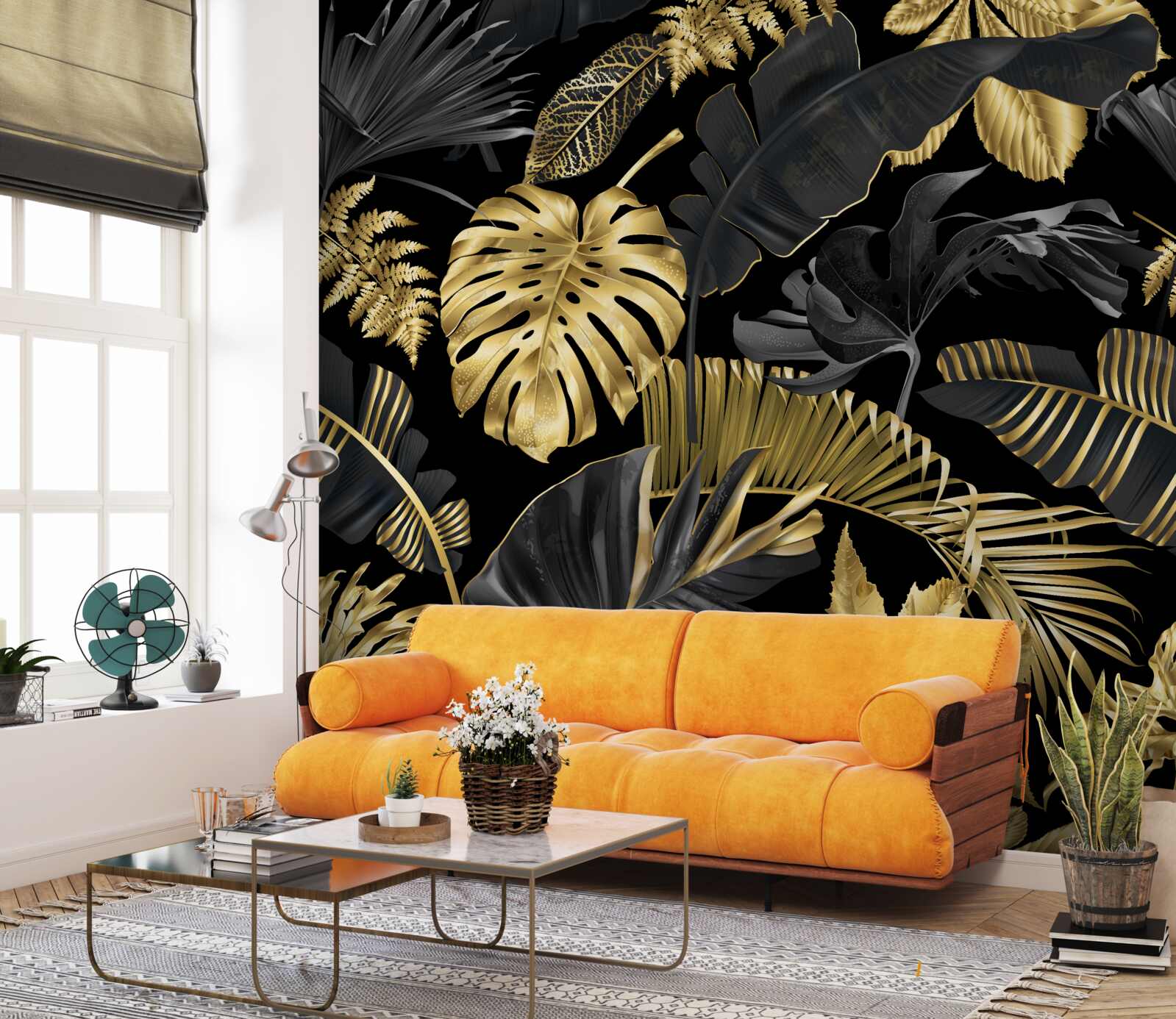 Fototapet frunze tropicale în negru și auriu