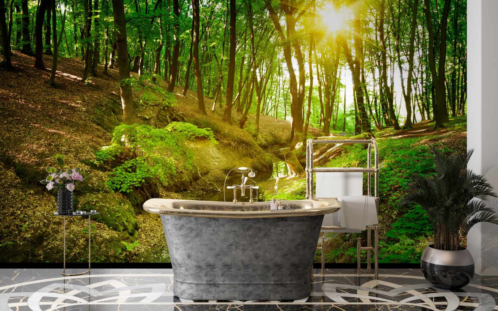 Fototapet lumina soarelui de dimineață într-o pădure verde plină de frunze