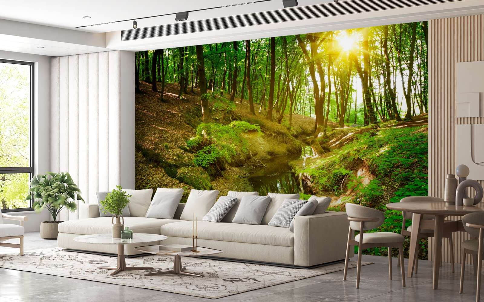 Fototapet lumina soarelui de dimineață într-o pădure verde plină de frunze