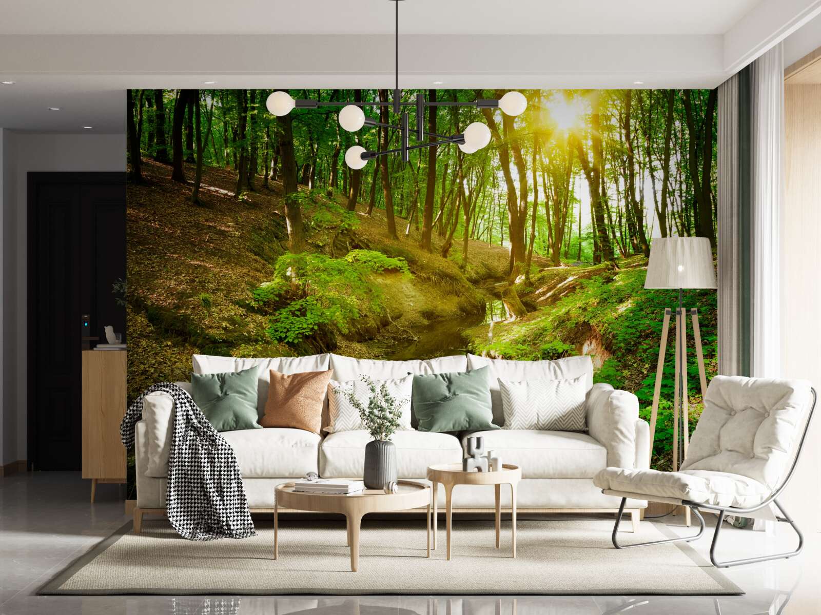 Fototapet lumina soarelui de dimineață într-o pădure verde plină de frunze