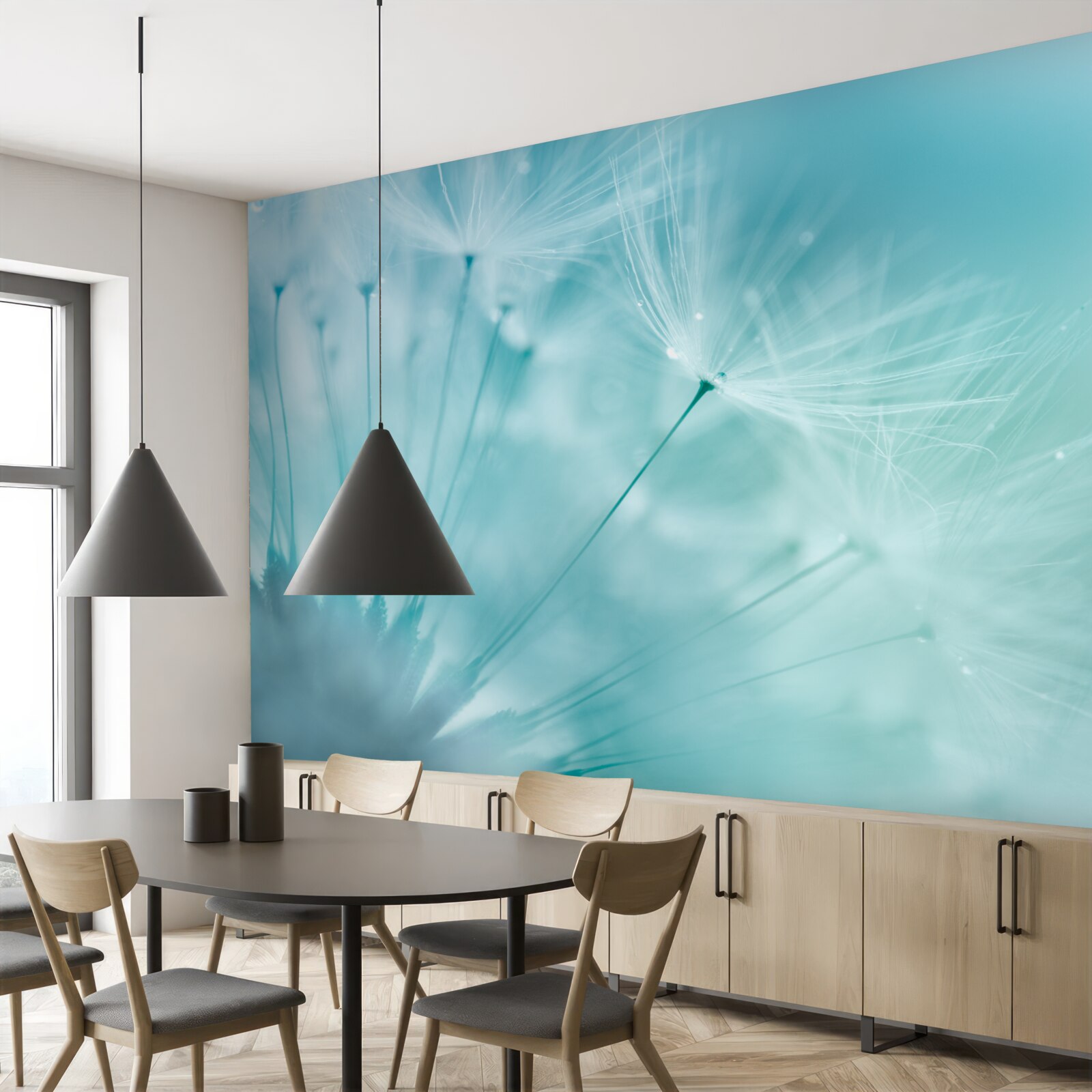 Fototapet păpădie cu flori pe un cer albastru