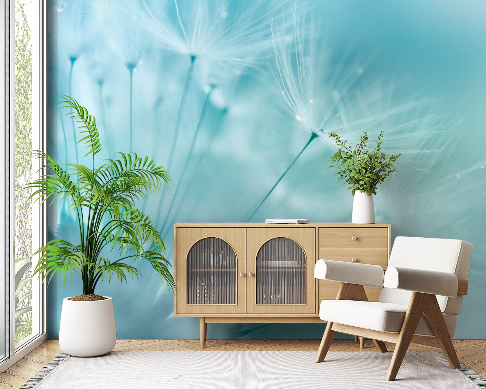 Fototapet păpădie cu flori pe un cer albastru