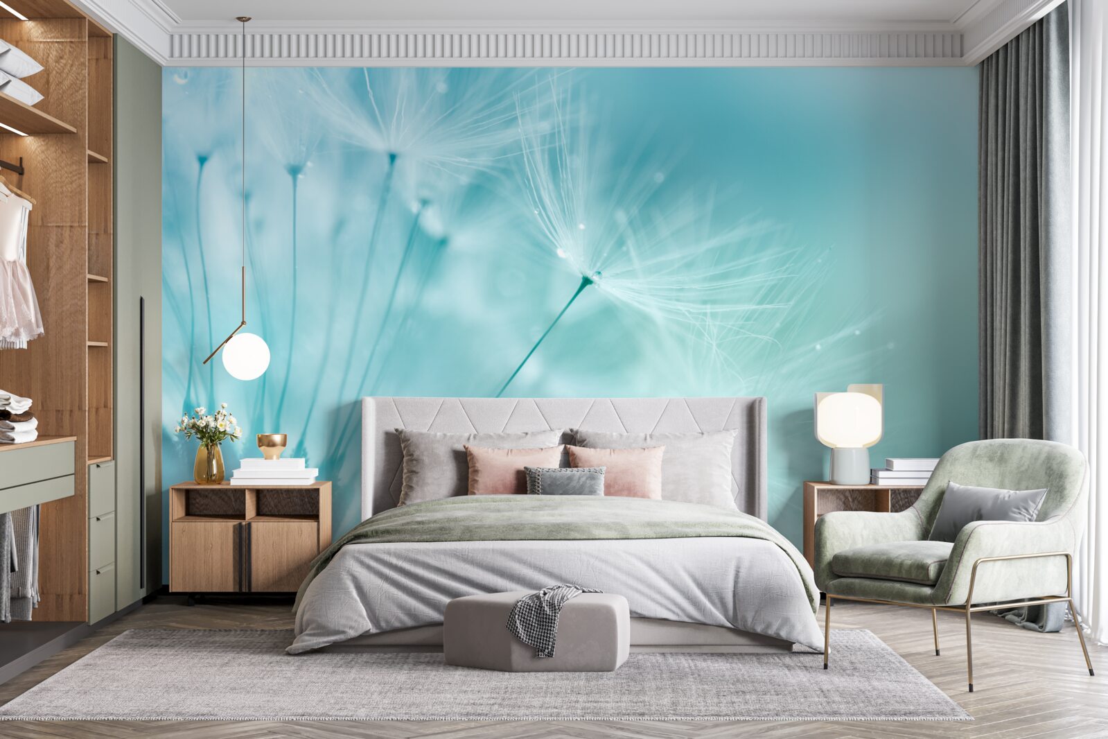 Fototapet păpădie cu flori pe un cer albastru