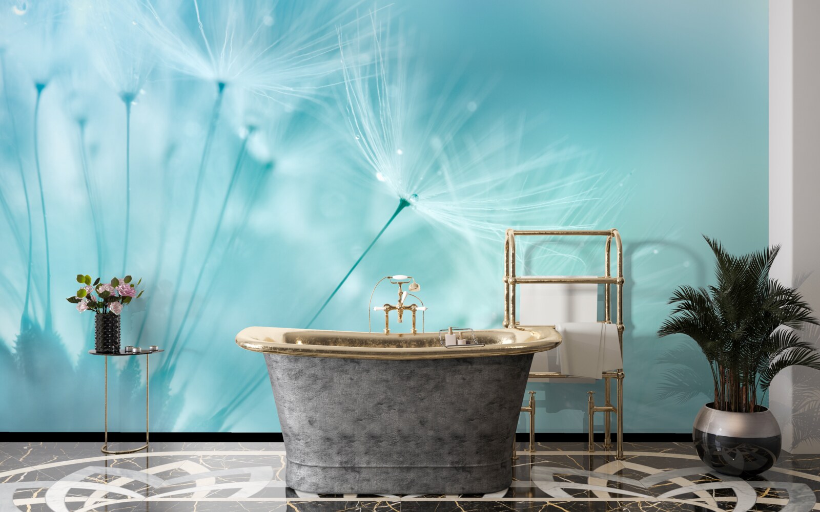 Fototapet păpădie cu flori pe un cer albastru