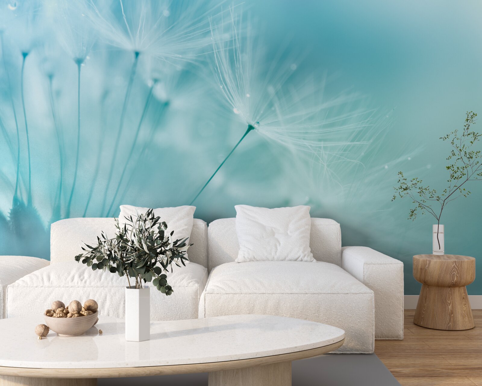 Fototapet păpădie cu flori pe un cer albastru